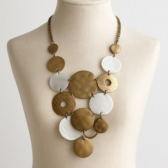 Chico’s Hammered Metal & Mother of Pearl Disc Statement Necklace – Gold Tone - Picture 1 of 5